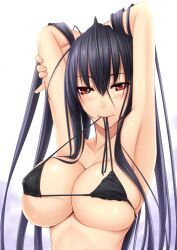  akitsuki_karasu armpits bikini bikini_top_only black_bikini black_hair breasts cleavage commentary_request female highres kurochijo large_breasts long_hair looking_at_viewer mouth_hold original red_eyes solo swimsuit 