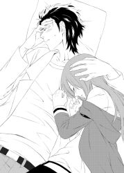  1boy bad_id bad_pixiv_id blush closed_eyes female greyscale inuzuka_bouru jacket lab_coat long_hair lying makise_kurisu monochrome okabe_rintarou photoshop_(medium) pillow sleeping steins;gate straight 