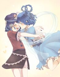  2girls bad_id bad_pixiv_id beret blue_hair closed_eyes dress flower hair_ornament hair_rings hair_stick hat hat_ornament hug jiangshi kaku_seiga konbu_ame miyako_yoshika multiple_girls ofuda open_mouth outstretched_arms shawl short_hair skirt smile star_(symbol) star_hat_ornament touhou vest zombie_pose 