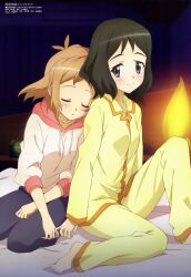  2girls absurdres black_hair brown_hair closed_eyes feet highres imageboard_desourced kohinata_miku megami_magazine multiple_girls non-web_source official_art pajamas purple_eyes senki_zesshou_symphogear shibuya_sakae short_hair sleeping sleeves_pushed_up tachibana_hibiki_(symphogear) 