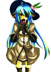  absurdres animal_ears bad_id bad_pixiv_id blue_hair eyepatch female food fruit hair_over_one_eye highres hinanawi_tenshi kemonomimi_mode long_hair looking_at_viewer musupon214 peach red_eyes solo touhou very_long_hair 