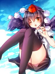  bad_id bad_pixiv_id black_hair black_thighhighs blush female hat looking_at_viewer meronpanna_(mikoniito) one_eye_closed open_mouth orange_eyes shameimaru_aya shirt short_hair skirt sky solo thighhighs tokin_hat touhou wings 