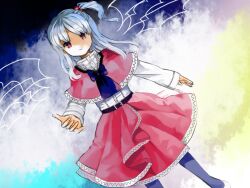  alternate_costume black_pantyhose blush bow capelet commentary_request female hair_bobbles hair_ornament hko long_hair one_side_up pantyhose red_capelet red_eyes shinki_(touhou) shoes skirt smile solo touhou touhou_(pc-98) white_hair wings 