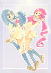  2girls blue_eyes blue_hair commentary_request hanasaki_tsubomi heartcatch_precure! highres kurumi_erika multiple_girls myoudou_gakuen_middle_school_uniform photoshop_(medium) pink_eyes pink_hair precure school_uniform tospal twintails 