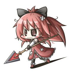  aoblue blood blush bow chibi commentary_request female hairbow highres long_hair mahou_shoujo_madoka_magica mahou_shoujo_madoka_magica_(anime) polearm red_hair sakura_kyoko sakura_kyoko_(magical_girl) solo spear weapon 