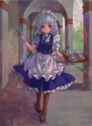  acrylic_paint_(medium) ama-tou apron arcade_(architecture) bad_id bad_pixiv_id blue_dress blue_eyes braid brown_pantyhose cup dress female gloves grey_hair hair_ribbon heterochromia highres izayoi_sakuya knife maid maid_headdress painting_(medium) pantyhose red_eyes ribbon smile solo tea_set teacup teapot touhou traditional_media tray twin_braids white_gloves 