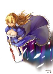  alternate_breast_size alternate_costume alternate_hairstyle artoria_pendragon_(fate) blonde_hair breasts cleavage cleavage_cutout closed_umbrella clothing_cutout commentary_request cosplay fate/stay_night fate_(series) female from_above gap_(touhou) long_hair medium_breasts orokanahime photoshop_(medium) planted planted_umbrella saber_(fate) saber_(fate)_(cosplay) solo touhou umbrella yakumo_yukari yellow_eyes 