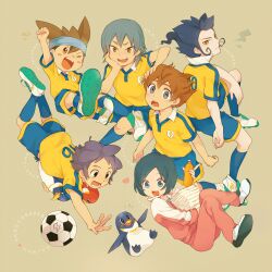  5boys ball bird blue_eyes blue_hair bottle brown_eyes brown_hair commentary_request falling female friends green_hair inazuma_eleven_(series) inazuma_eleven_go kageyama_hikaru kariya_masaki long_hair matsukaze_tenma multiple_boys nishizono_shinsuke open_mouth penguin shina-love short_hair sleeves_rolled_up smile soccer_ball soccer_uniform sorano_aoi sportswear telstar towel track_suit tsurugi_kyousuke water_bottle yellow_eyes 