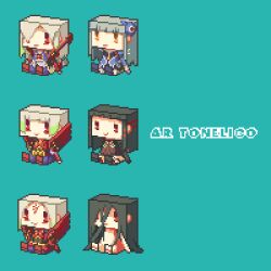  1boy 3girls akane_(ar_tonelico) aqua_background ar_tonelico ar_tonelico_i ar_tonelico_ii chibi commentary_request full_body graphig jakuri_(ar_tonelico) lowres michitaka_ayatane multiple_girls pixel_art rufan_(ar_tonelico) simple_background sitting suzuoka_mizuki 