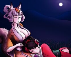  2girls animal_ears bb_(baalbuddy) blush breasts brown_hair cleavage closed_eyes colorized field flower fox_ears full_moon grey_hair hair_flower hair_ornament hair_rings hand_in_own_hair japanese_clothes kimono kongiku lap_pillow large_breasts leaf leaf_on_head momohime moon multiple_girls night night_sky obi oboro_muramasa photoshop_(medium) sash side_slit sky sleeping 