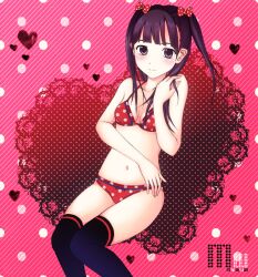  akb48 bikini black_eyes black_hair black_legwear blush bow commentary_request female hairbow heart long_hair looking_at_viewer navel neuron_(exceed) pink_background polka_dot polka_dot_background polka_dot_bikini polka_dot_bow red_bikini red_bow smile solo striped striped_background swimsuit twintails two_side_up watanabe_mayu 