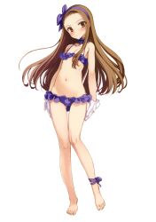  ankle_ribbon barefoot brown_eyes brown_hair choker feet female flat_chest gloves hairband highres idolmaster idolmaster_(classic) leg_ribbon legs long_hair long_legs minase_iori navel oyari_ashito ribbon solo thigh_gap thighs 