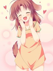  :d ahoge animal_ears asa_no_ha_(awayuki) blush brown_hair closed_eyes commentary_request dog_ears dog_tail female hair_ornament hands_on_own_face heart long_hair no_pants oerba_yun_fang open_mouth original photoshop_(medium) smile solo sweat tail twintails 