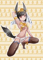  animal_ears anklet anubis_(mythology) bare_shoulders black_hair breasts cleavage commentary dog_ears dog_tail egyptian egyptian_clothes egyptian_mythology female gold jewelry kneeling midriff photoshop_(medium) red_eyes small_breasts solo tail thighhighs uraeus xin_yu_hua_yin 