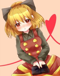  bad_id bad_pixiv_id blonde_hair blush bow breasts brown_eyes dress female gift hairbow kurodani_yamame meronpanna_(mikoniito) ribbon short_hair small_breasts solo touhou 