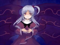  capelet commentary_request dress female grey_hair hair_bobbles hair_ornament hko long_hair multiple_wings one_side_up open_mouth red_capelet red_eyes shinki_(touhou) smile solo touhou touhou_(pc-98) wings 