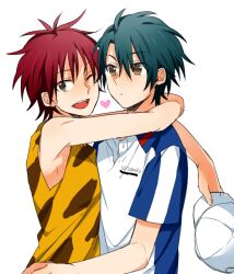  2boys bad_id bad_pixiv_id blue_hair brown_eyes echizen_ryooma hat hug male_focus multiple_boys red_hair tennis_no_ouji-sama tooru_(jux) tooyama_kintarou unworn_hat unworn_headwear 