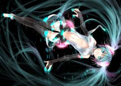  anklet aqua_eyes aqua_hair bad_id bad_pixiv_id barefoot bridal_gauntlets center_opening female hatsune_miku hatsune_miku_(append) jewelry kagachi_saku long_hair navel necktie photoshop_(medium) solo thighhighs twintails very_long_hair vocaloid vocaloid_append 