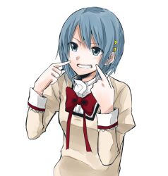  blue_eyes blue_hair bow cheek_poking commentary_request female grin jikasei mahou_shoujo_madoka_magica mahou_shoujo_madoka_magica_(anime) miki_sayaka mitakihara_school_uniform poking poking_self school_uniform short_hair simple_background smile solo white_background 