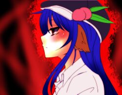  absurdres animal_ears bad_id bad_pixiv_id blue_hair blush female food fruit highres hinanawi_tenshi kemonomimi_mode long_hair musupon214 peach profile solo touhou 