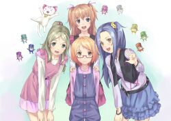  4girls belt bent_over blonde_hair blue_eyes blue_hair brown_hair commentary_request dodory dory eichisu fary glasses green_eyes half_updo hands_on_shoulders houjou_hibiki hummy_(suite_precure) kurokawa_eren lary minamino_kanade miry multiple_girls one_side_up open_mouth orange_hair precure purple_shirt rery scrunchie seiren_(suite_precure) shirabe_ako shirt sory suite_precure tiry v vest yellow_eyes 