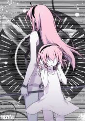  2girls aged_down back-to-back commentary_request dual_persona hair_over_eyes hairband long_hair megurine_luka multiple_girls negi_(ulog&#039;be) pink_hair short_hair time_paradox vocaloid 