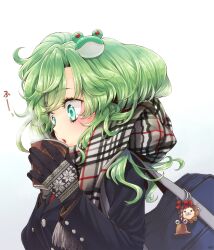  alternate_costume bag blowing blue_eyes blush charm_(object) close-up coat coffee commentary_request contemporary cup drink enpera female gloves green_hair highres kochiya_sanae lips long_hair namisaki_yuka photoshop_(medium) pyonta scarf simple_background solo touhou upper_body winter_clothes 