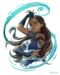  1girls action_pose artist_name avatar_the_last_airbender bandages blue_eyes brown_hair choker cleavage clothing dark-skinned_female dark_hair dark_skin female female_only flowing_hair hair_loopies katara long_hair looking_at_viewer necklace simple_background sketch small_breasts teenager water water_tribe waterbender waterbending white_background zarory 