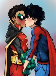  clothed damian_wayne dc dc_comics gay jon-el jonathan_kent kisscember2022 kissing lilprincyvi male male_only masked men_kissing muscles muscular muscular_male robin_(damian_wayne) robin_(dc) superboy superboy_(jonathan_kent) supersons teen_boy wholesome yaoi 