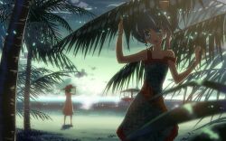  2girls absurdres beach blue_eyes blue_hair djmax djmax_portable hat highres ladymade_star multiple_girls nina_klatt original outdoors palm_tree ponytail purple_hair scan sehra_klatt short_hair siblings side_ponytail sisters solo_focus strap_slip tree twins water yuuki_tatsuya 