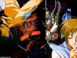  black_hair brown_eyes brown_hair closed_eyes closed_eyes escaflowne escaflowne:_the_movie escaflowne_(guymelef) frown gem hitomi_kanzaki jewelry kanzaki_hitomi mecha raised_hand short_hair space spiked_hair star stars tattoo tenkuu_no_escaflowne upside-down upside-down van_fanel vision_of_escaflowne yuuki_nobuteru 