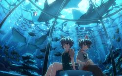  2girls :o absurdres angelfish aquarium blue_eyes blue_hair blue_theme casual djmax djmax_portable fish highres ladymade_star multiple_girls nina_klatt pantyhose scan sehra_klatt short_hair siblings sisters sitting smile stingray tropical_fish twins yuuki_tatsuya 