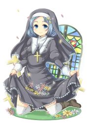  blue_eyes blue_hair blush boots clothes_lift commentary_request courreges_ace cross dress dress_lift female flower frills habit hair_ornament jewelry kneeling necklace nun original petals short_hair smile solo thighhighs white_thighhighs 