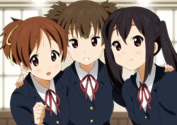  3girls :o black_hair blazer brown_eyes brown_hair commentary_request grin hair_ribbon hand_on_another&#039;s_shoulder hirasawa_ui jacket k-on! long_hair multiple_girls nakano_azusa neck_ribbon open_mouth photoshop_(medium) ponytail red_ribbon ribbon sakuragaoka_high_school_uniform school_uniform short_hair short_twintails smile suzuki_jun twintails upper_body yamasaki_wataru 