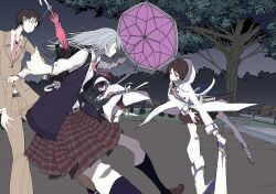  1boy 3girls annihilate_luxifer belt bench commentary_request kenja_tori multiple_girls park skirt sword tree umbrella weapon 