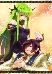  1boy bad_id bad_pixiv_id black_hair c.c. closed_eyes code_geass earrings female green_hair hair_ornament jewelry lap_pillow lelouch_vi_britannia long_hair lying minami_(apricot_tea) on_back own_hands_clasped own_hands_together sitting smile yellow_eyes 