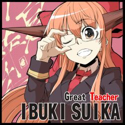  adjusting_eyewear bespectacled bow brown_eyes clenched_teeth commentary_request contemporary female formal glasses great_teacher_onizuka hairbow hidori_(hibi_toridori) horns ibuki_suika long_hair necktie oerba_yun_fang one_eye_closed orange_hair parody solo suit teacher teeth touhou 