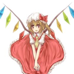  ascot blonde_hair collared_shirt commentary female flandre_scarlet frilled_shirt_collar frilled_skirt frilled_sleeves frills hair_between_eyes hat looking_at_viewer mob_cap natsuk open_mouth own_hands_together puffy_short_sleeves puffy_sleeves red_eyes red_skirt red_vest shirt short_sleeves side_ponytail skirt skirt_set smile solo touhou v_arms vest white_hat white_shirt wings yellow_ascot 