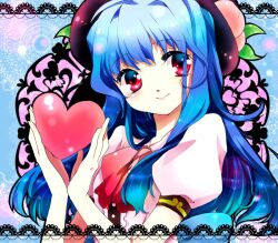  blue_hair bow chigo commentary_request female food food_as_clothes fruit hat heart hinanawi_tenshi long_hair multicolored_eyes peach smile solo touhou upper_body 