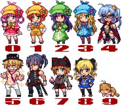  3boys 6+girls akechi_kokoro arsene bow capelet commentary_request cordelia_glauca deerstalker feline full_body green_capelet hat henriette_mystere hercule_barton kamaboko_(milky_holmes) lowres multiple_boys multiple_girls niino pantyhose pink_bow pixel_art rat_(milky_holmes) sherlock_shellingford stone_river tantei_opera_milky_holmes transparent_background twenty_(milky_holmes) yuzurizaki_nero 