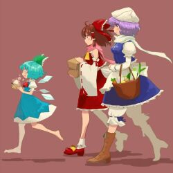  3girls blue_hair boots bow brown_hair cirno detached_sleeves duplicate food hairbow hakurei_reimu jpeg_artifacts letty_whiterock matsutani multiple_girls profile ribbon scarf short_hair smile touhou 