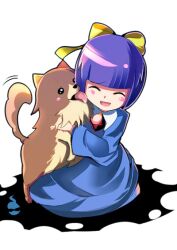  :d ^_^ bad_id bad_pixiv_id blunt_bangs blush_stickers brooch canine closed_eyes dress female ghost_trick jewelry kamila_(ghost_trick) licking missile_(ghost_trick) open_mouth pomeranian_(dog) purple_hair ribbon short_hair simple_background sitting skirt smile solo spirit sunglasses unichiri white_background 