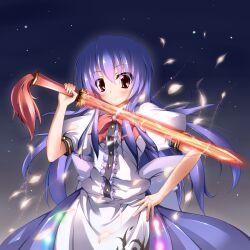  apron bad_id bad_pixiv_id blue_hair bow dress embers female hand_on_own_hip highres hinanawi_tenshi long_hair midoriiro_no_shinzou night petals red_eyes smile solo star_(symbol) sword sword_of_hisou touhou weapon 