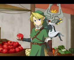  1boy apple barefoot blonde_hair blue_eyes commentary_request earrings female food fruit gloves hanjuku_tomato hat helmet holding holding_food holding_fruit jewelry letterboxed link midna pointy_ears red_eyes smile the_legend_of_zelda the_legend_of_zelda:_twilight_princess 