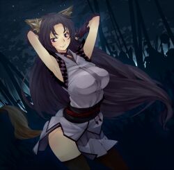  amami_amayu animal_ears armpits arms_behind_head black_hair breasts commentary_request eyeliner female fishnet_thighhighs fishnets forest fox_ears fox_tail gloves japanese_clothes large_breasts long_hair makeup monster_collection nature night purple_eyes smile solo tail thighhighs very_long_hair 