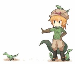  1boy :/ animal animal_on_head argyle_clothes argyle_sweater bad_id bad_pixiv_id baggy_pants black_footwear blonde_hair boots bow brown_gloves brown_hat closed_mouth cowboy_boots creature diego_brando dinosaur dinosaur_boy dinosaur_tail gloves green_eyes green_sweater green_tail hand_on_own_hip hat hat_bow index_finger_raised jodhpurs jojo_no_kimyou_na_bouken long_sleeves male_focus on_head outstretched_arm pants pink_bow sanzasi scary_monsters_(stand) shirt simple_background spurs stand_(jojo) standing steel_ball_run sweater tail turtleneck turtleneck_sweater white_background 