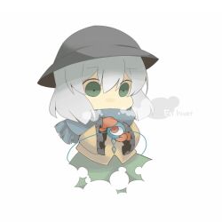  bad_id bad_pixiv_id chibi cold eiri_(eirri) eyeball female french_text green_eyes hat komeiji_koishi mittens scarf short_hair simple_background solo third_eye touhou translated 