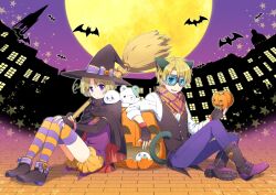  2boys :3 america_(hetalia) animal_ears axis_powers_hetalia bad_id bad_pixiv_id bat_(animal) blonde_hair blue_eyes boots canada_(hetalia) cape fingerless_gloves full_moon glasses gloves goggles halloween hat jack-o&#039;-lantern kumajirou_(hetalia) male_focus migu moon multicolored_clothes multicolored_legwear multiple_boys plaid plaid_scarf pumpkin purple_eyes scarf sitting striped_clothes striped_thighhighs tail thighhighs vest witch_hat 