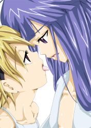  2girls black_hairband blonde_hair blue_hair collarbone commentary_request eye_contact furude_rika hairband higurashi_no_naku_koro_ni houjou_satoko imminent_kiss looking_at_another multiple_girls purple_eyes tongue yume_developing yuri 