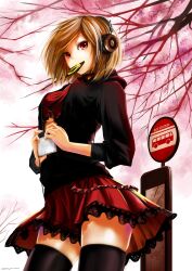  black_thighhighs blonde_hair breasts bus_stop commentary crop_top female grado_labs headphones highres maisaki medium_breasts meiko_(vocaloid) minidisc mouth_hold photoshop_(medium) red_eyes skindentation skirt solo sony thighhighs underboob vocaloid wind zettai_ryouiki 